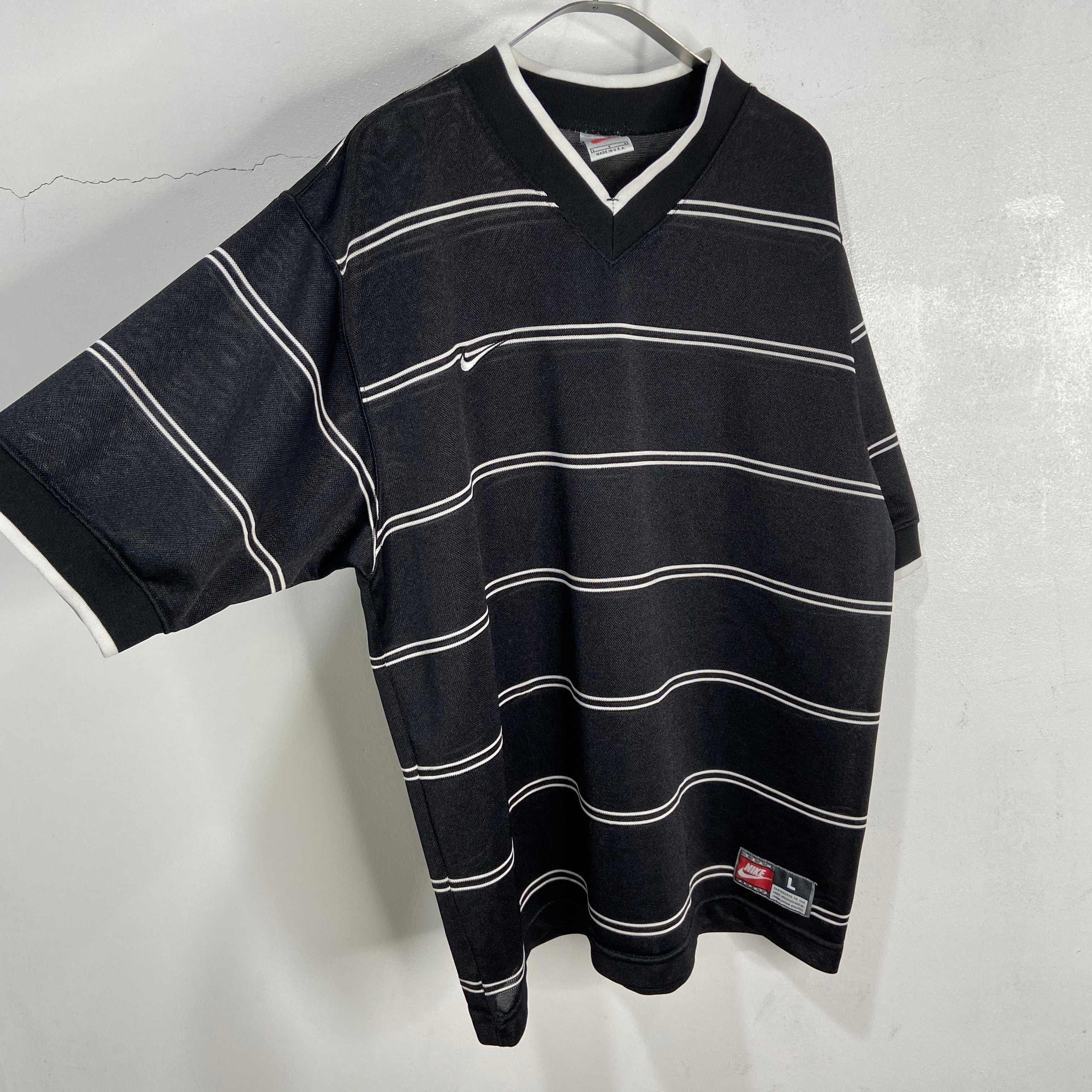 90s USA製 NIKE メッシュボーダー柄ゲームTシャツ Vネック 黒 L | 古着 