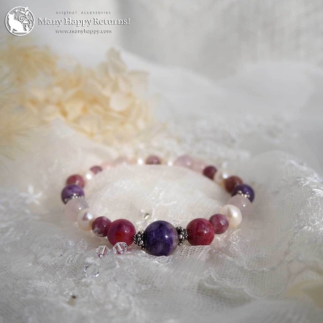 ba-7303 エンジェルシリカ＆ピンクトルマリン＆チャロアイト☆SV925ストレッチブレス