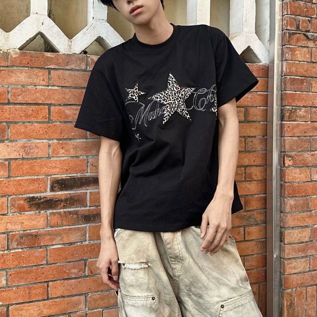 レオパードスターモチーフ ロゴグラフィック ワイドラインTシャツ 3col R02371