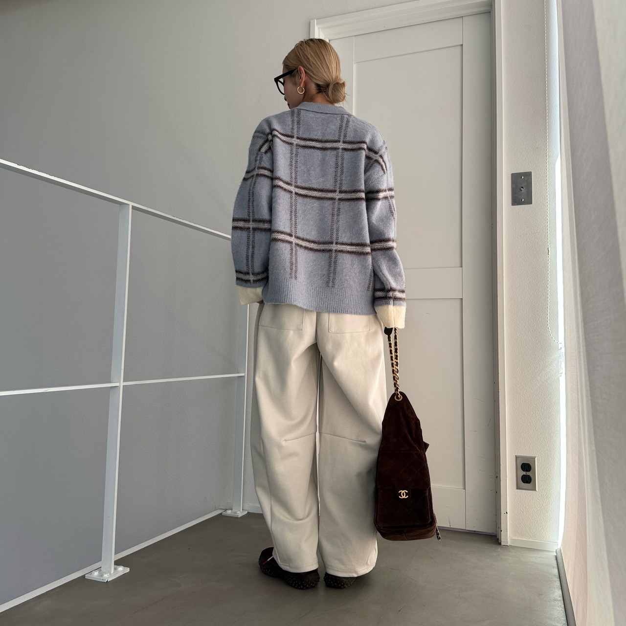 チェック柄スキッパーモヘアタッチknit/ペールブルー