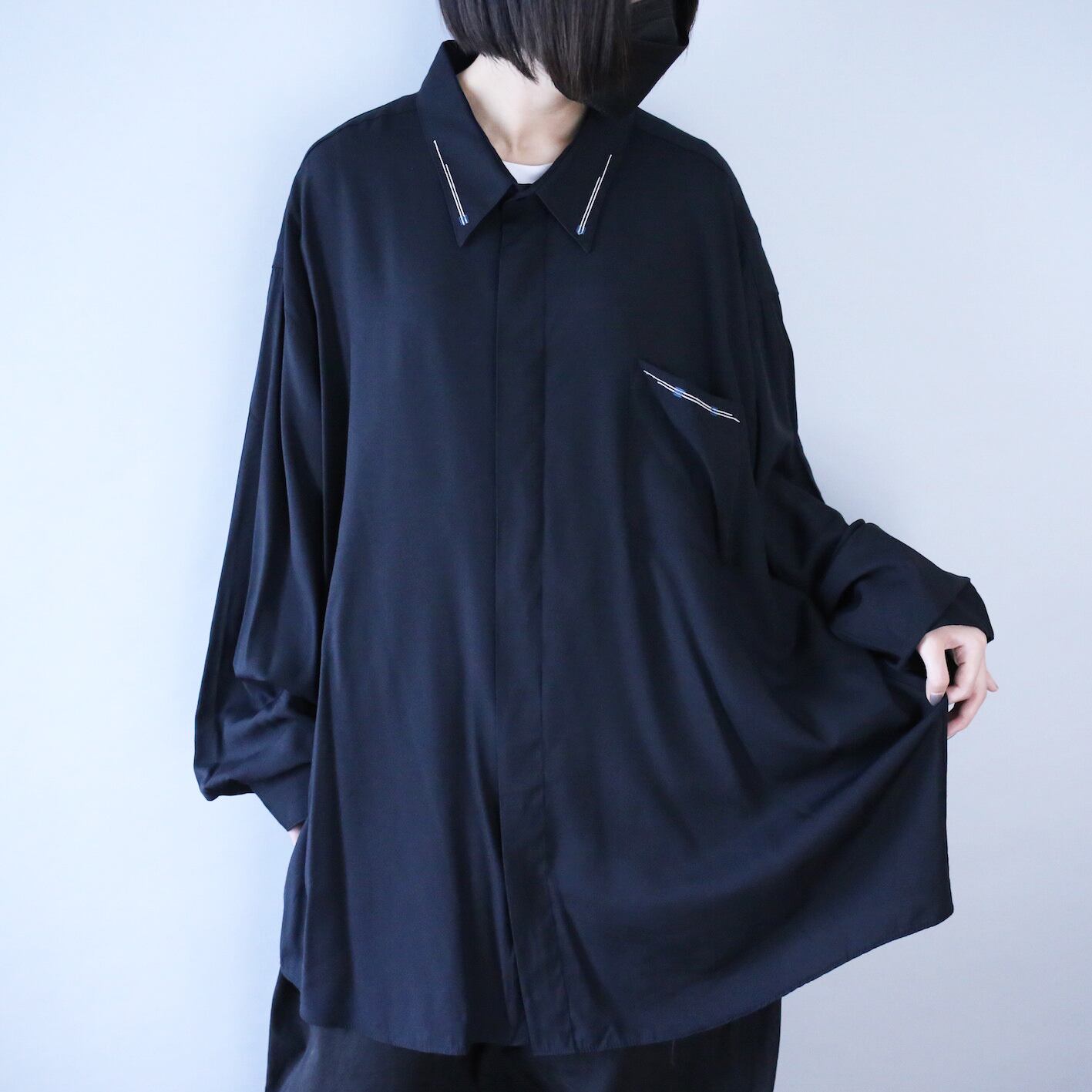"刺繍" super over silhouette fry-front minimal mode shirt