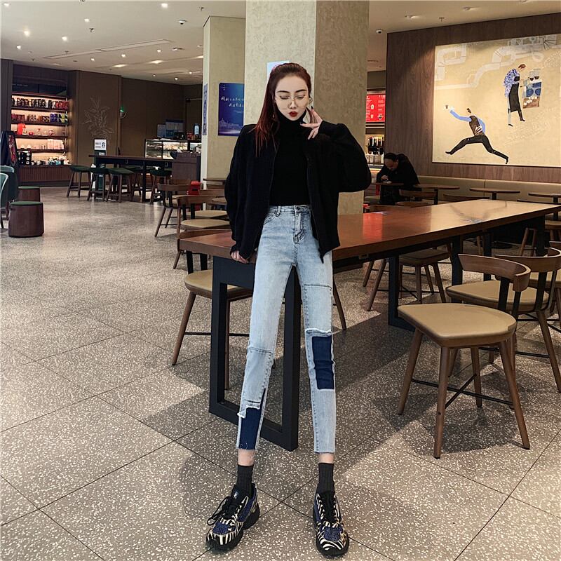 サブカル 服 地雷系 通販 デニム スキニー スリム ハイウエスト 細見せ スタイル 継ぎ接ぎ レトロ ダメージ