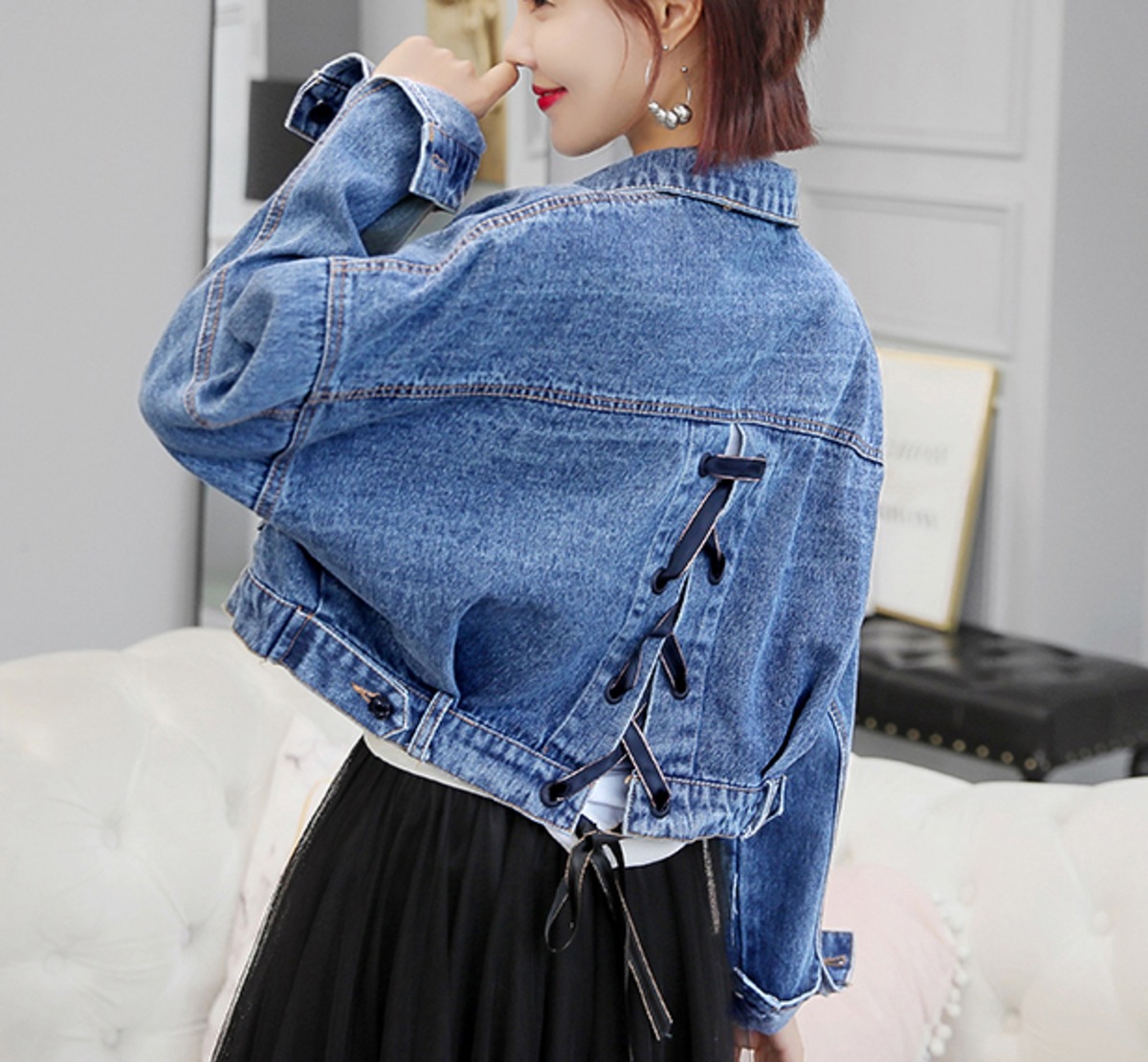 バックシャン レースアップ バックリボン デニムジャケット デニム