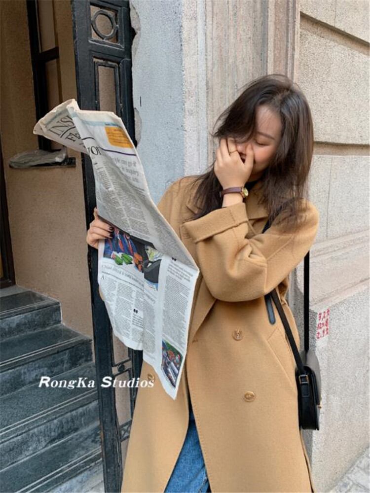 通勤する韓国版中・長セクションコートバンディング怠惰な風両面カシミアコート