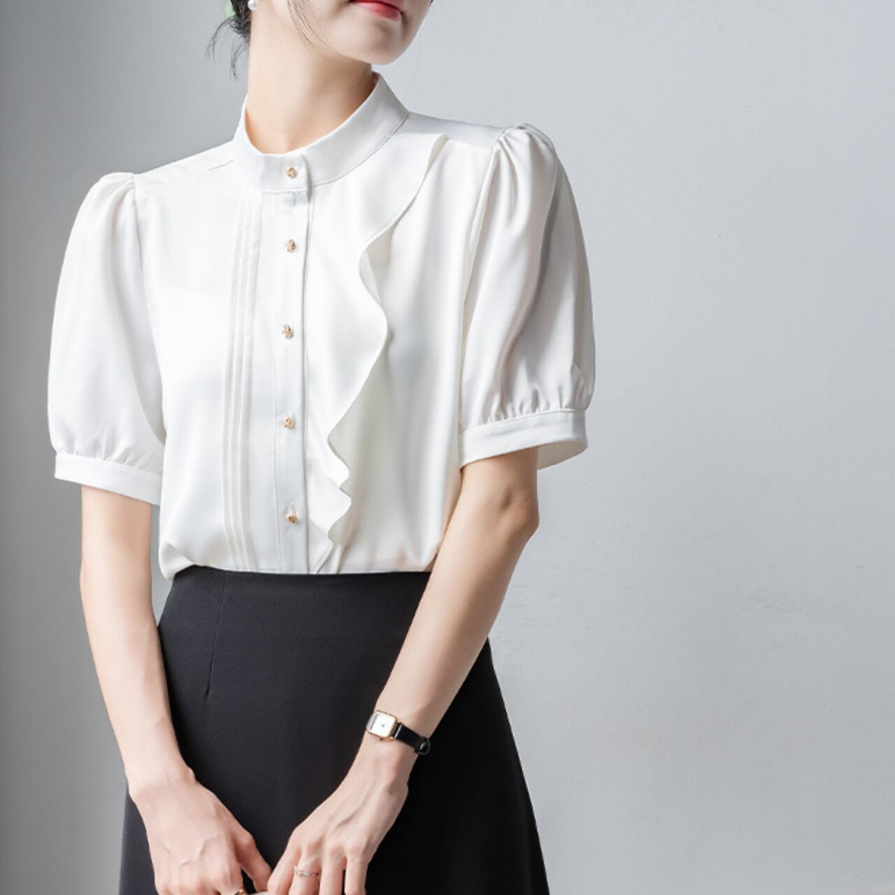 アシンメトリー フリル シフォン シャツ