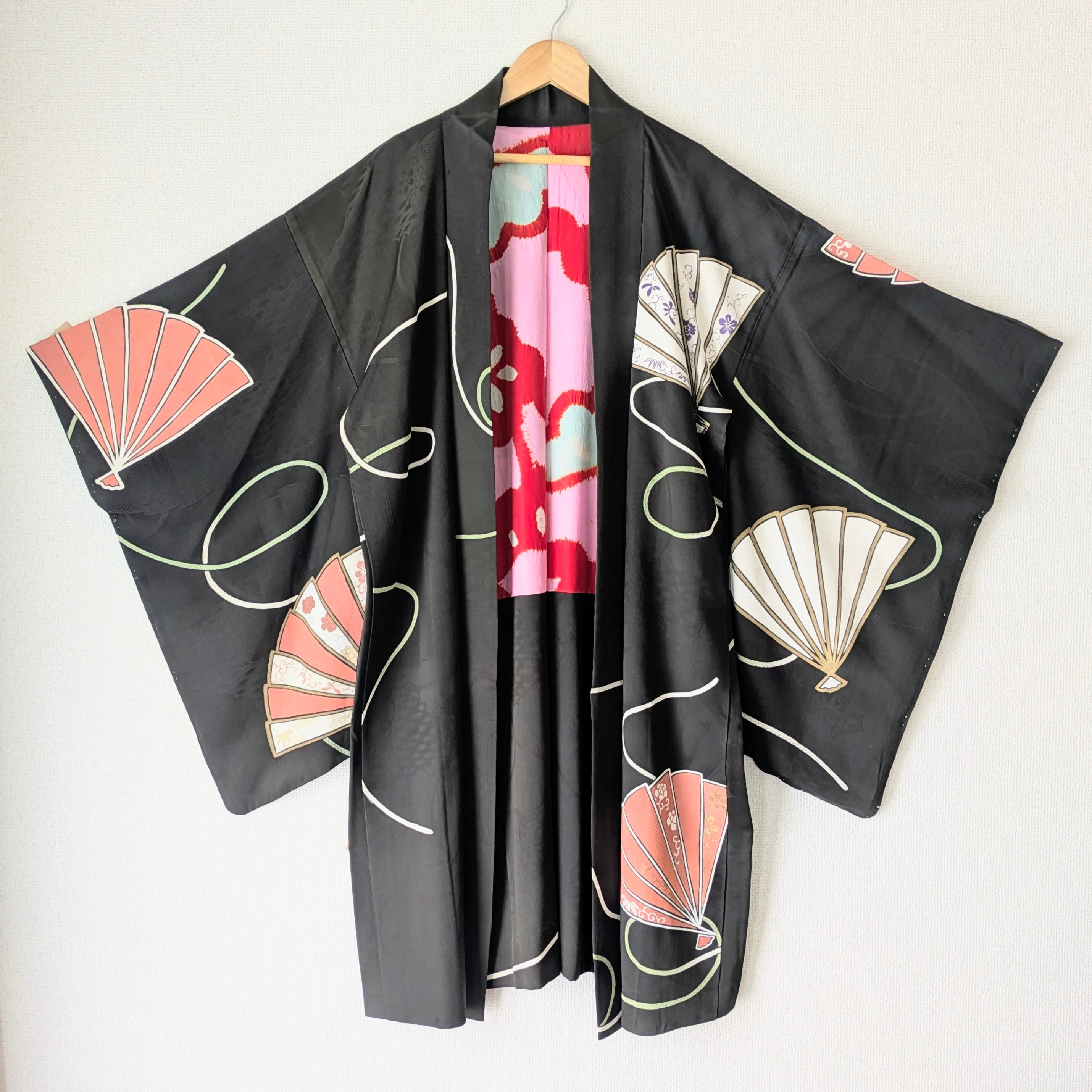 Antique】HAORI 長羽織 羽織 正絹 黒 絵羽織 舞扇柄 大正浪漫 古布
