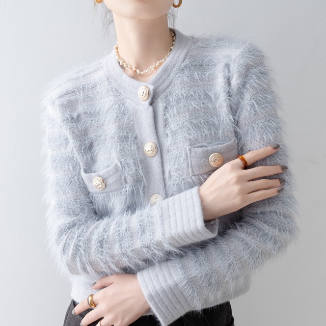 シャギー グレーブルー ラウンドネック カーディガン