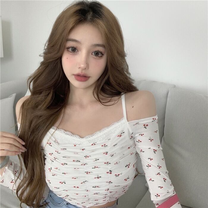 スプリングレースストラップレスレッドトップス Tシャツ レディース ロング 春物 ドラファッションホール95599437942