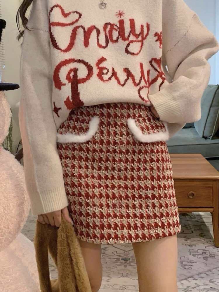 ファーポケットがシーズンムード満点♡ 千鳥格子柄ファーポケットミニスカート おしゃれ チェック柄 千鳥格子 大人可愛い ファー 着映え ガーリー カジュアル きれいめ 脚長 大きいサイズ 韓国 CH11320