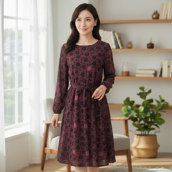 エクラタン ワンピース ストレッチ 花柄プリント リボンベルト レッド M L 30代 40代 50代 EC223033 大人可愛いコーディネート