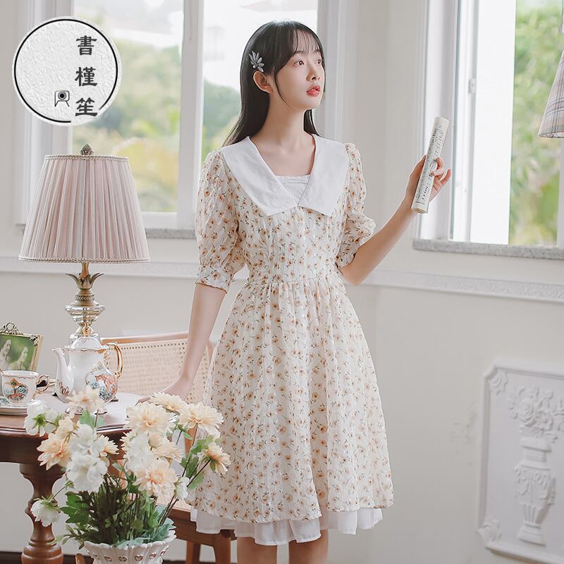 書槿笙シリーズ 花柄ワンピース 可愛い襟 デート 結婚式 スウィート S M L Xl 合わせやすい 夏 半袖 Elegant