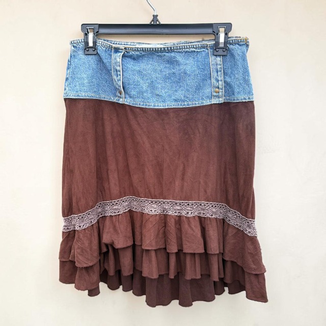 【LADIES】Denim × Brown Suede Docking Skirt - Size 40
