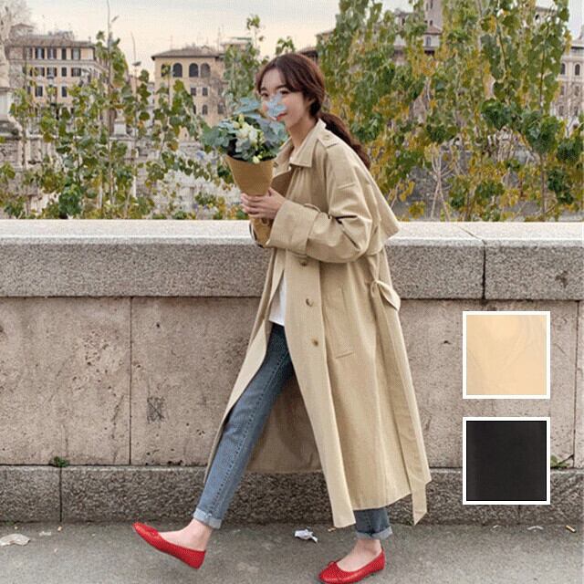 レディース アウター トレンチコート ビッグシルエット ラグランスリーブ ダブルボタン 無地 ロング 長袖 スプリングコート カジュアル ベージュ/ブラック サイズ展開豊富 S/M/L/XL/2XL