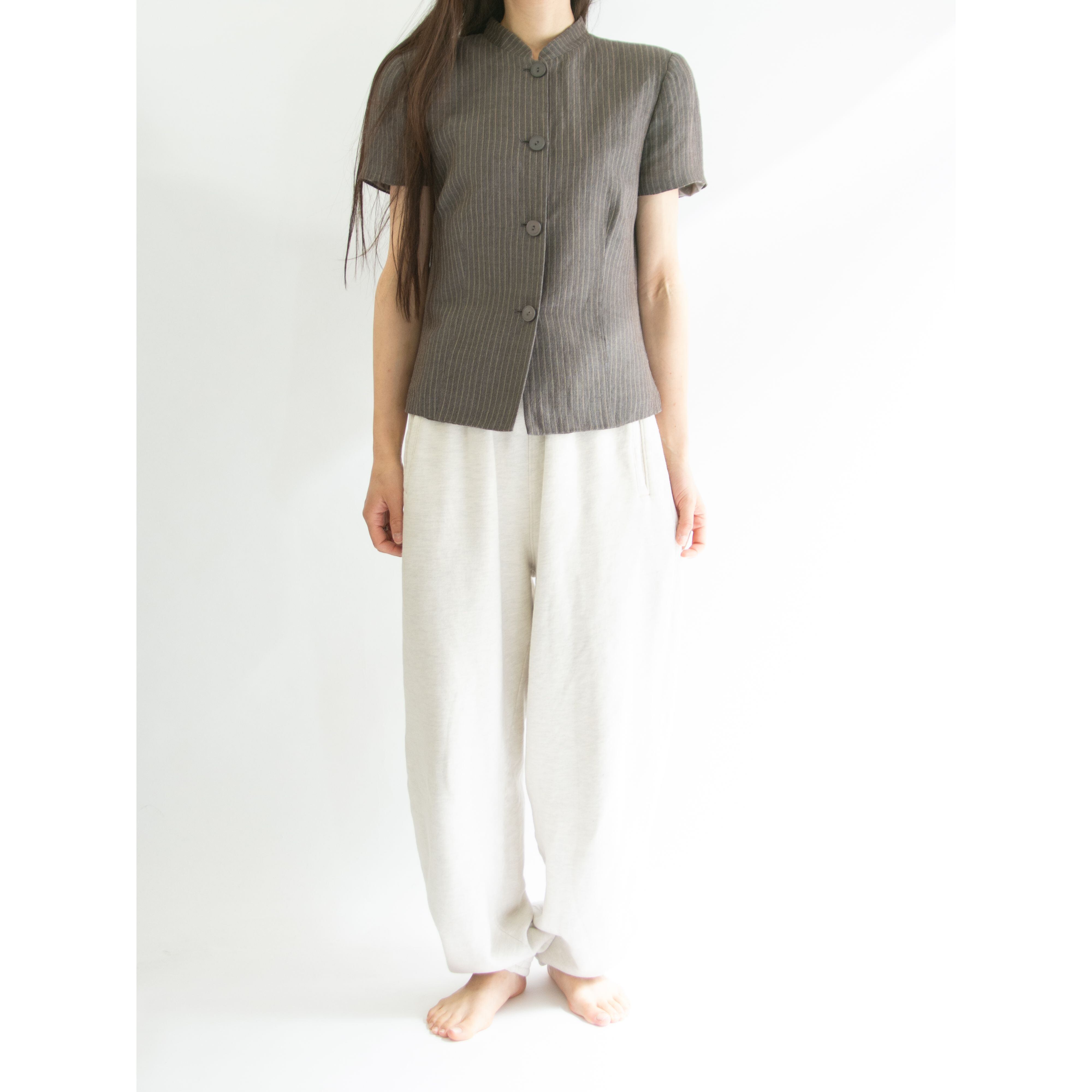 【Unknown brand】Mandarin Collar Jacket（マンダリンカラー半袖ジャケット ストライプ柄）