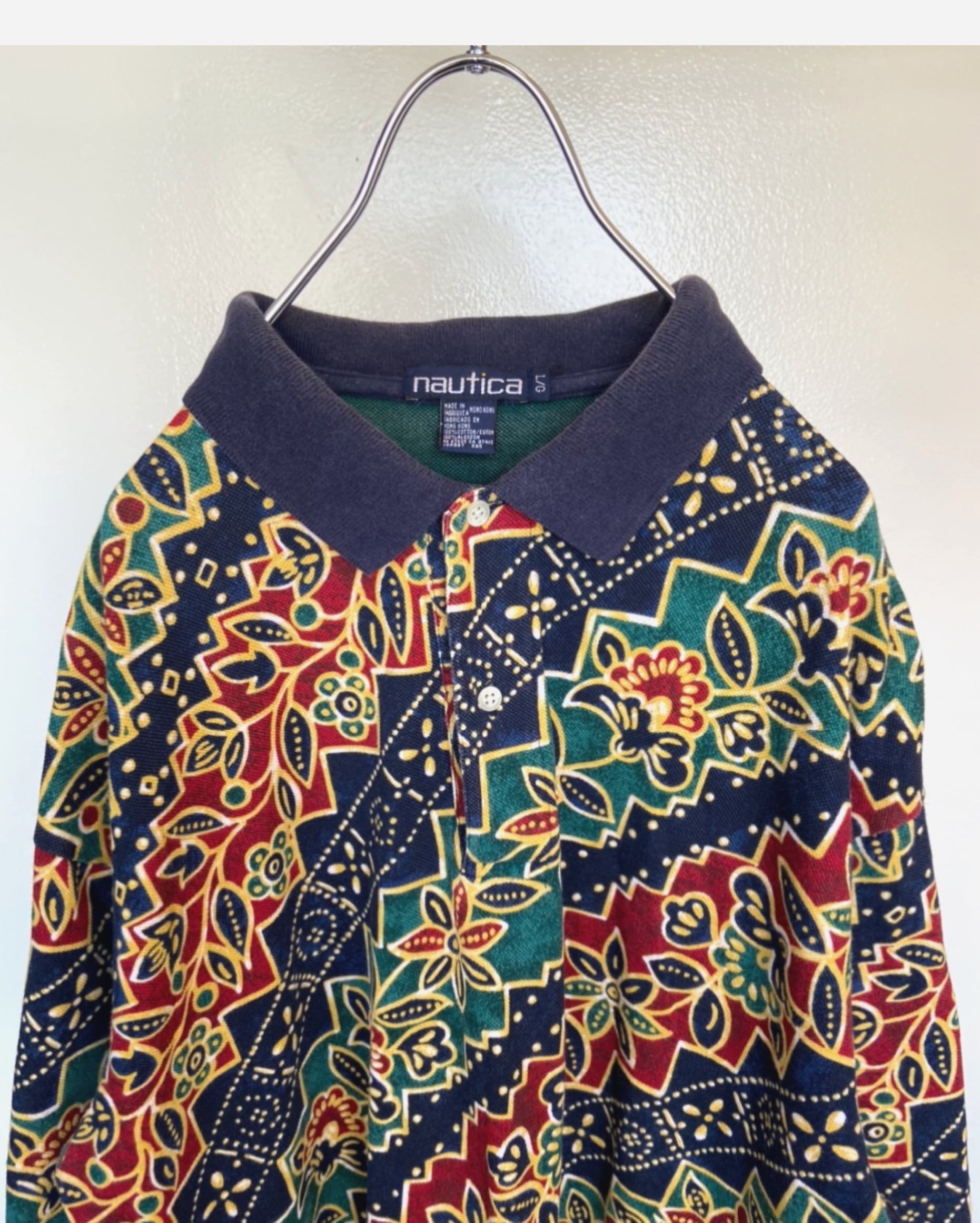 90s 古着 NAUTICA/ノーティカ ポロシャツ クレイジー総柄 ビックシルエット ゆるだぼ