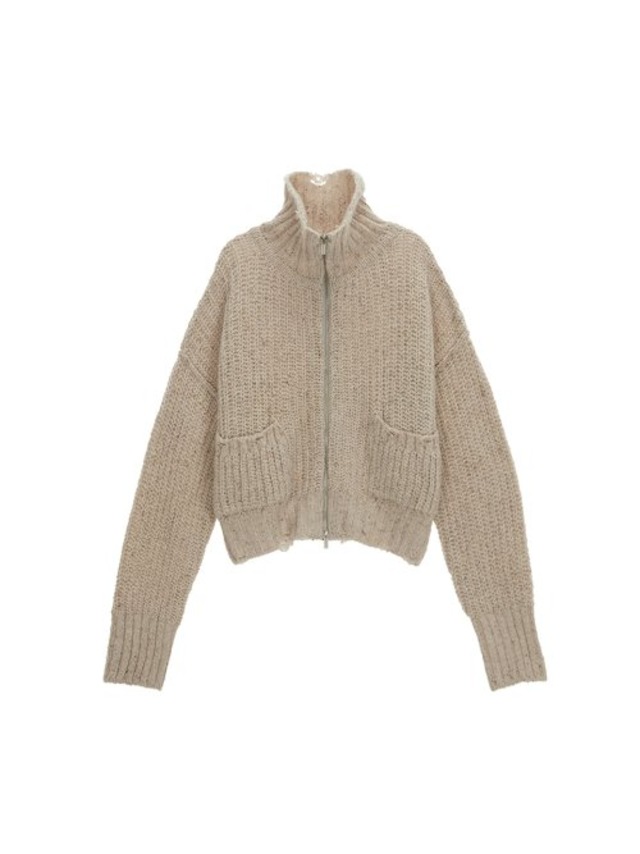 [MATIN KIM] DAMAGE RIBBED HIGH NECK ZIP UP IN BEIGE