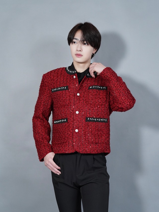 【ALUDE SELECT】Embellished red tweed jacket