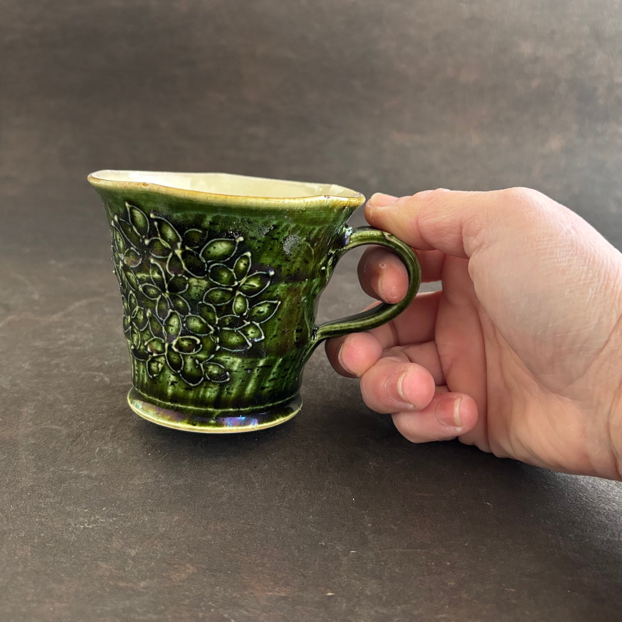 土和のルリエフ　織部　お花形ミニマグカップ