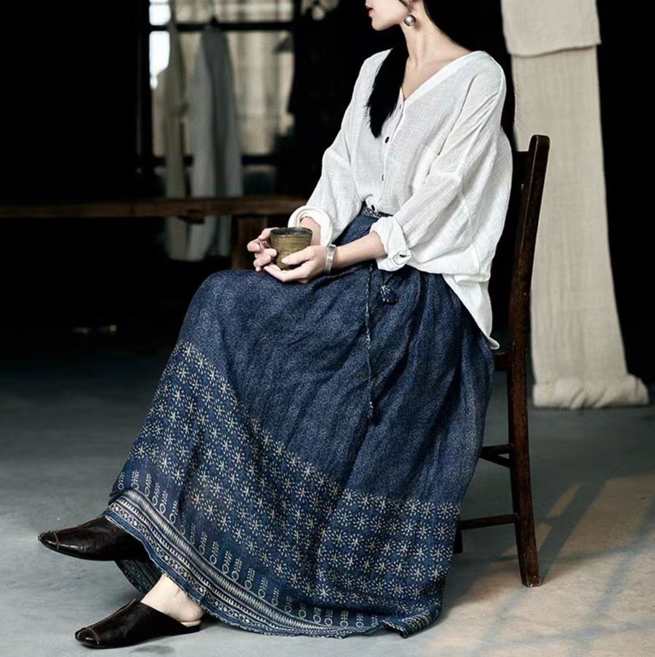 民族調プリントマキシ丈スカート 2color A01297