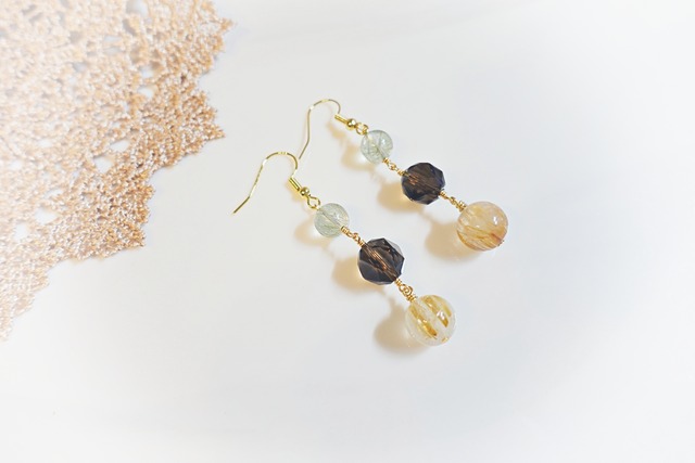 《Abundance ルチルクォーツ》マルチカラールチル＆スモーキークオーツ  ネックレス＆ピアスセット