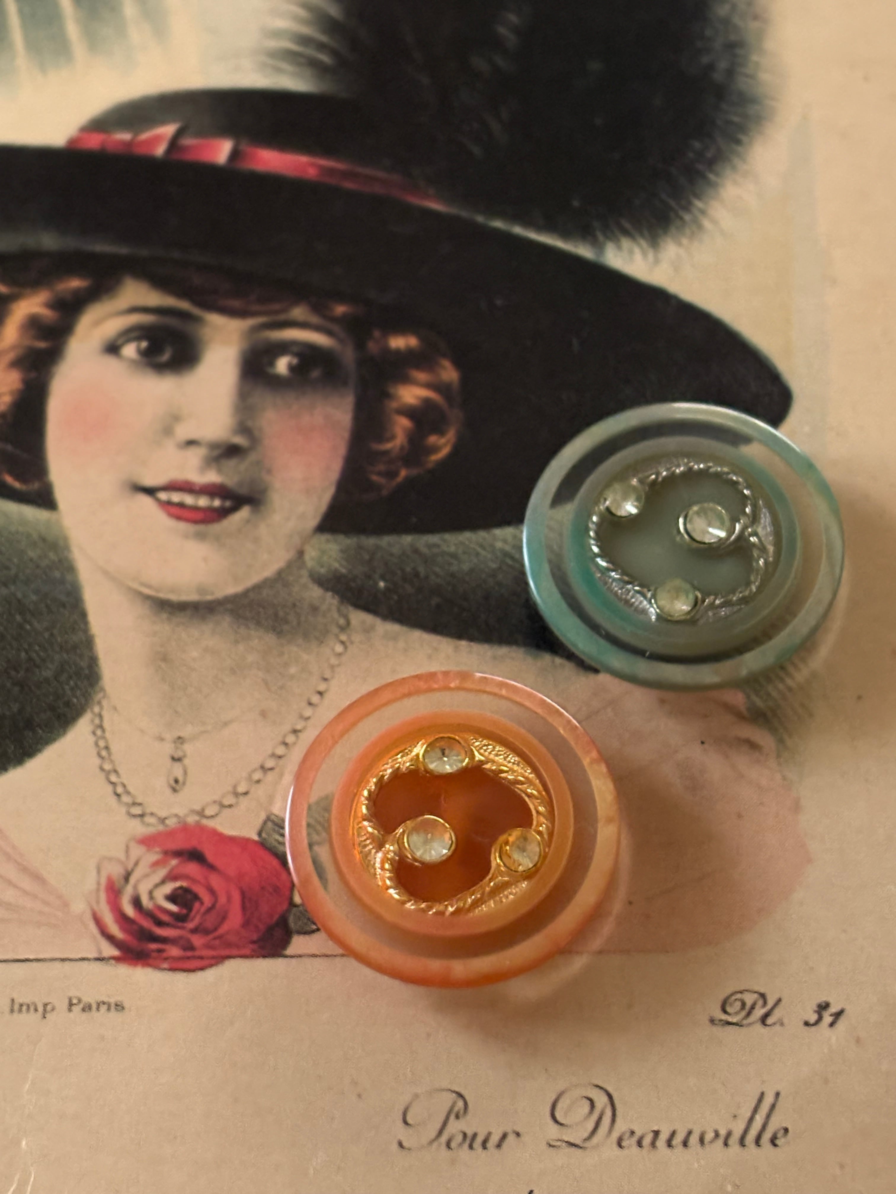 23mm Japanese ヴィンテージボタン オレンジ/グリーン ゴールド シルバー ストーン クリア レトロ アクセサリーパーツ 装飾材 カルトナージュ