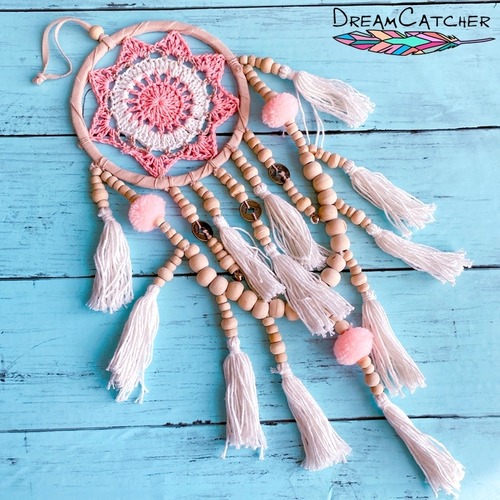 【バリ島直輸入】ネイティブ ドリームキャッチャー(ピンク×クロッシェ×コイン)フェザー