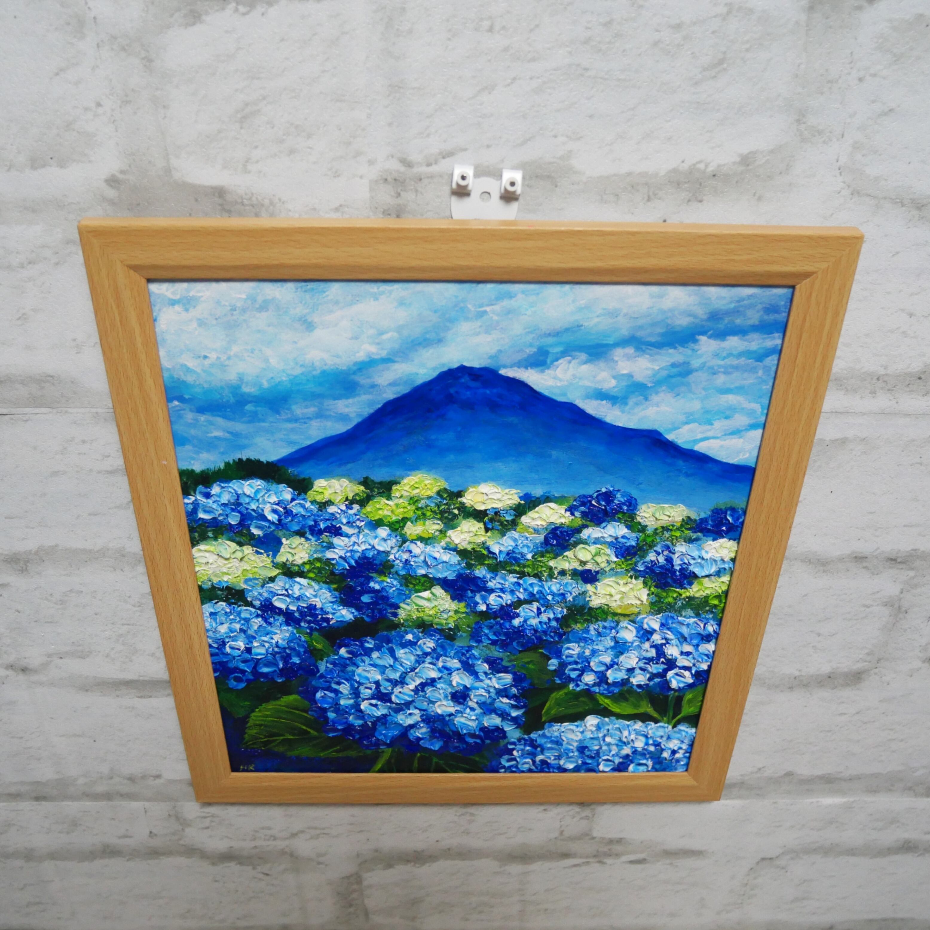 油絵 絵画【青の情景 〜富士と紫陽花の咲く丘〜】油彩画 風景画