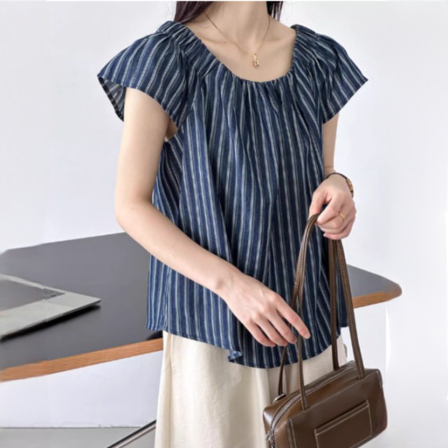 フレンチスリーブストライプトップス 00783