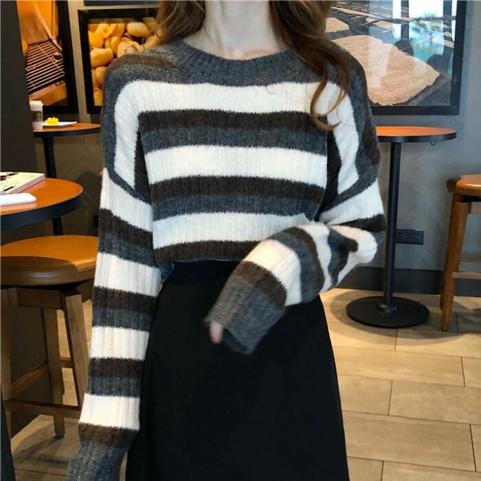 セーター ルーズオータムウィンタースタンダードスタイルストライプトップス ロング レトロ 秋物 冬物 1号婦人4392275676
