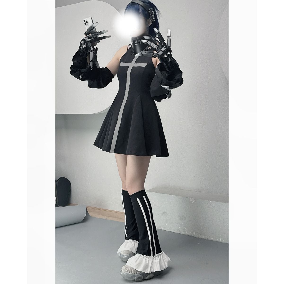 サイバーパンク反射クロスメカニカルノースリーブワンピースセット