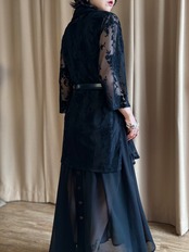 black floral lace sheer long shirt-5315-7