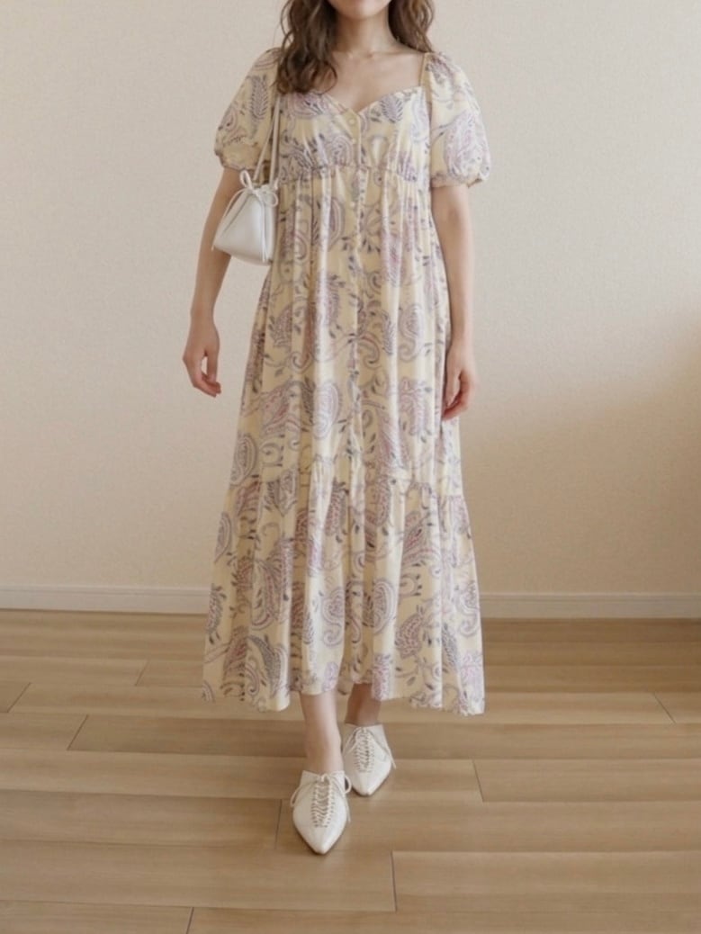 ●Paisley flower pastel color puff sleeve design cotton long dress