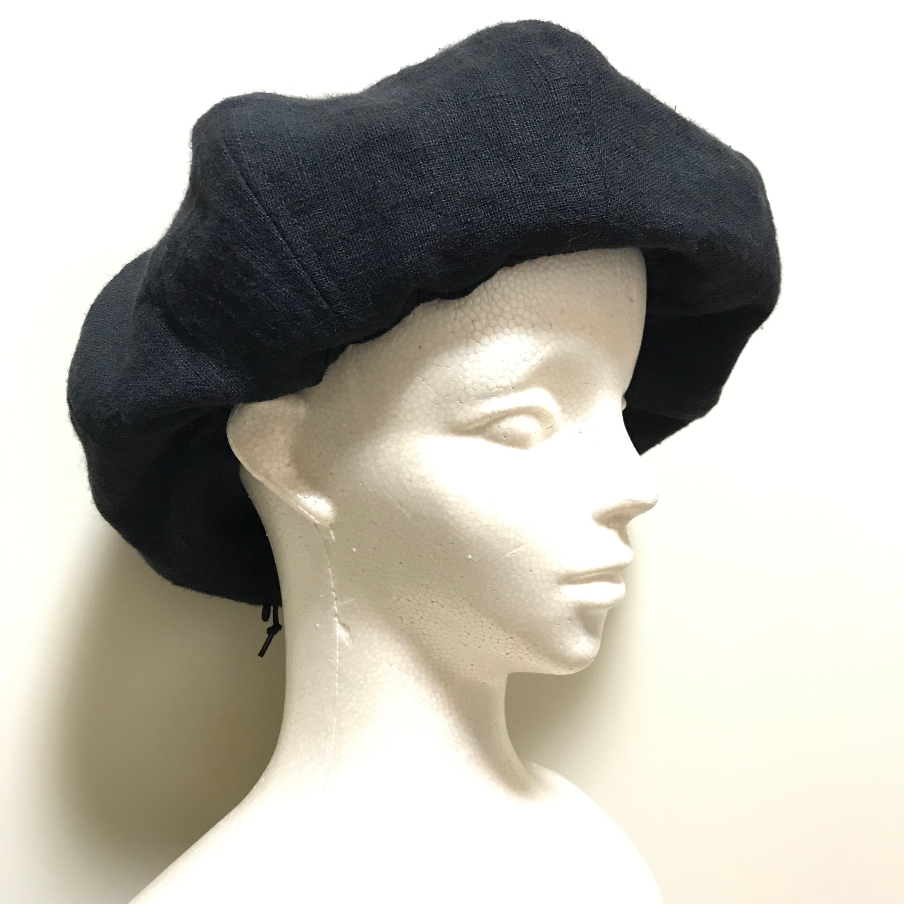 黒 リネン 麻 ベレー帽 ハンドメイド サイズ調節 ブラック - ハンチング