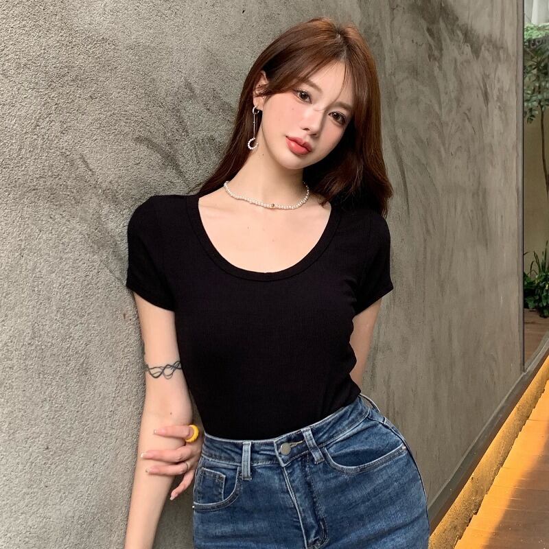 ベーシックトップス レディースサマースリムソリッド カラーTシャツ 夏物 ソリッドカラー ハンチェンe26178687442