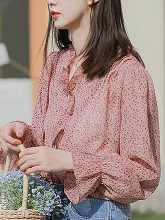 小花柄フロントフリルブラウスオフィス カジュアル フェミニン かわいい キャンディスリーブ Vネック 大きいサイズ 韓国 CH8471