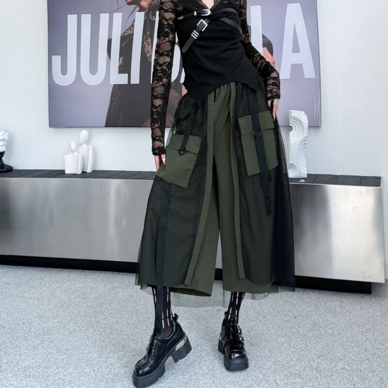 メッシュレイヤード ワイドクロップドパンツ 2color PT0400