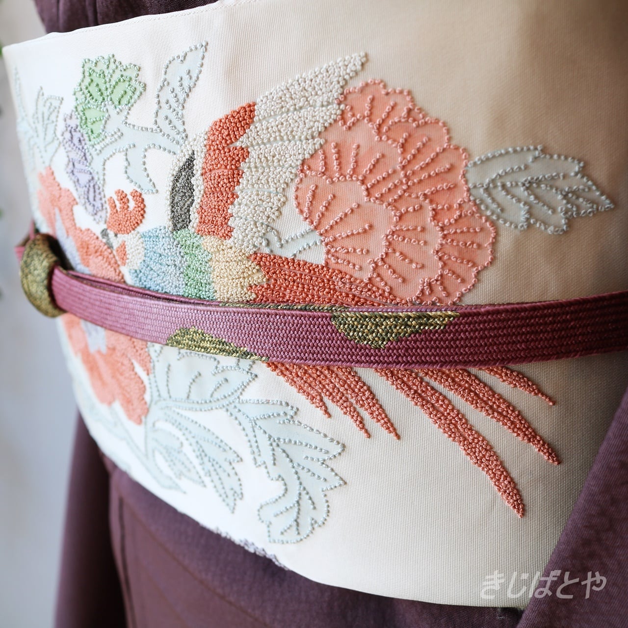 相良刺繍 袋帯 ビーズ刺繍のようなかわいい袋帯 花と鳥 正絹 アンティーク