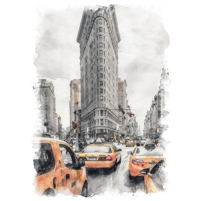 絵画 アメリカ 風景画(街並み) ニューヨーク フラットアイアンビルディングとイエローキャブ インテリアアート額付き 水彩画・油絵調 WAT0359