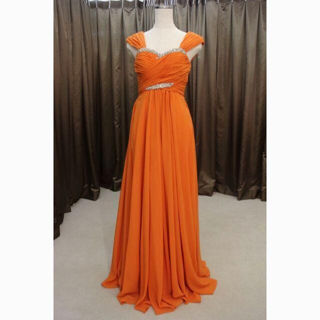 カラードレス オレンジ 豪華！ 床付く お呼ばれ/二次会 シアーな美しさ  
