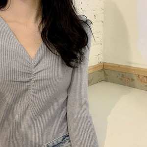 長袖 ニット トップス レディース 春秋冬 韓国 リブニット トップス きれいめ おしゃれ 大人 かわいい スリム ギャザー Vネック ニットソー ストレッチ 大人可愛い 大人女子