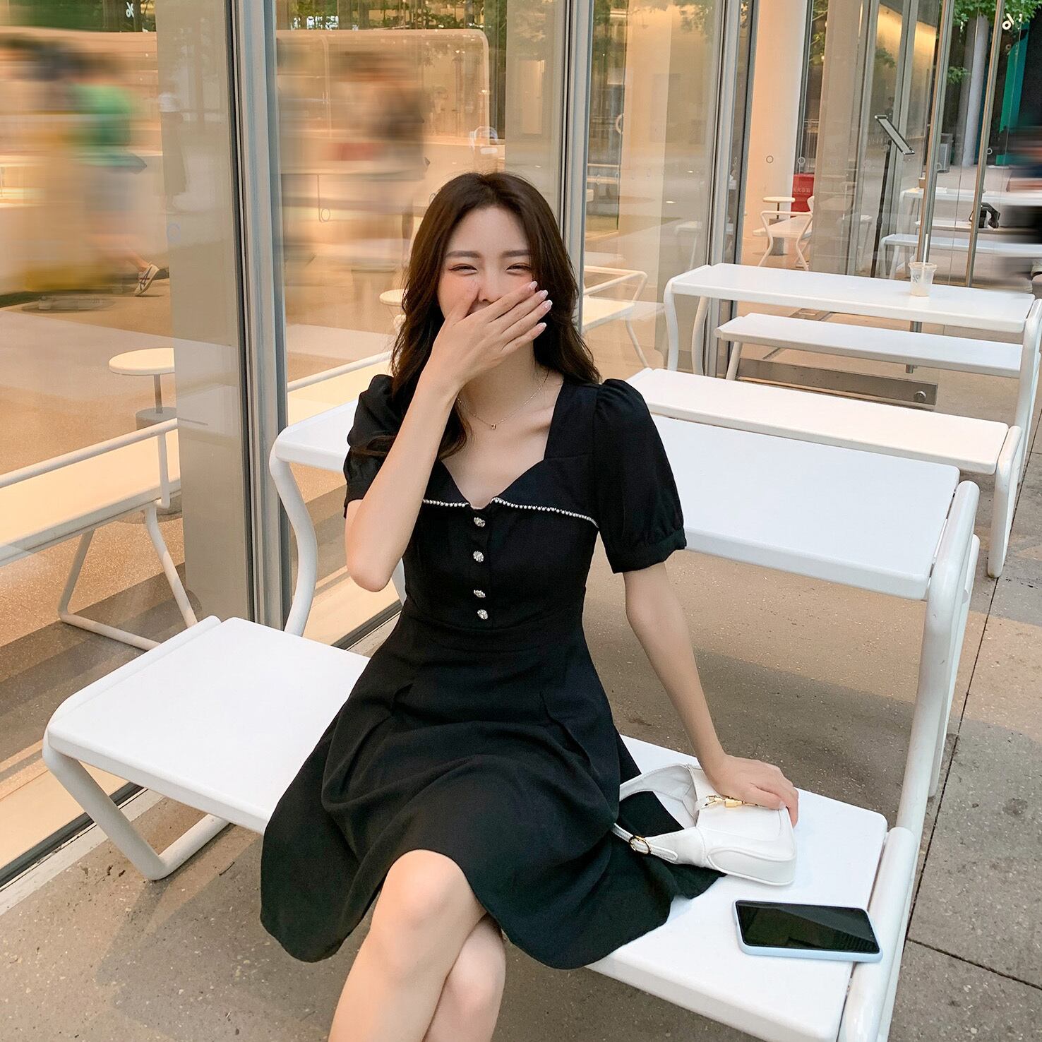 スタンダードスタイル薄手Aラインシフォンドレス サマーブラック レトロ 夏物 6Du_Shop_Women62843129206