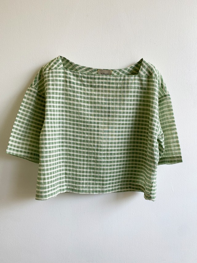 Square neck short top "green gingham check" khadi cotton