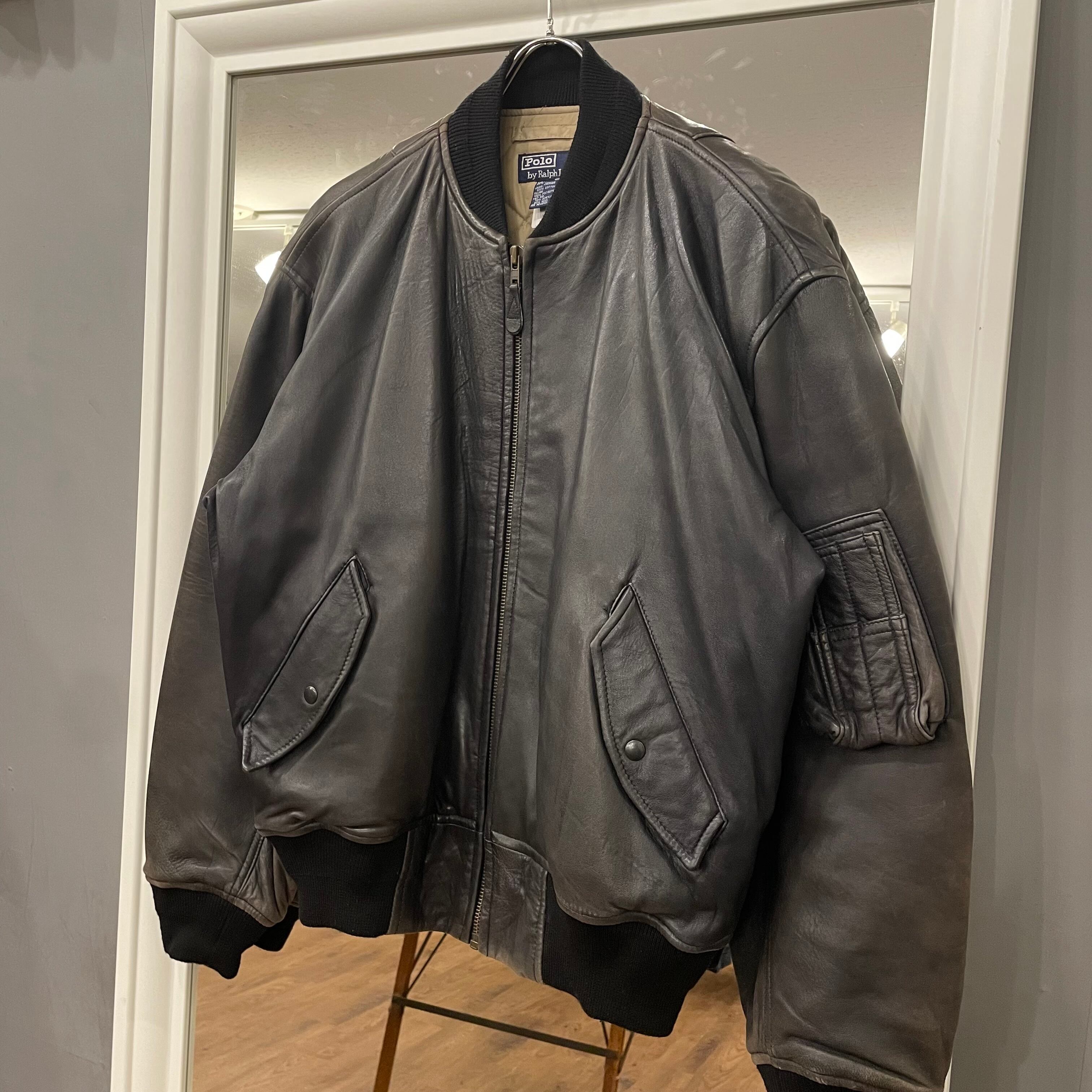Black】90's Polo by Ralph Lauren Lamb Leather Jacket “MA-1 Type
