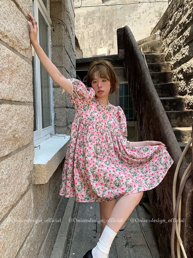 プリーツドレス サマーハイウェストウェスト薄手スリーブラウンドネックスカート 夏物 Oネック ビッグFスモールZ韓国8578163650