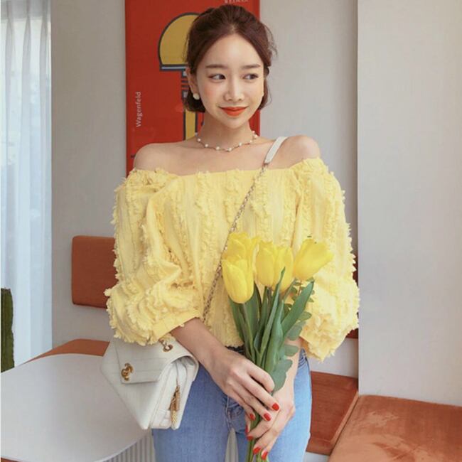 新品タグ付き　セルフポートレート　オフショル　トップス　ブラウス　長袖　イエロー 春 夏 レディース シャツ ブラウス イエロー 黄色 オフショル 肩見せ