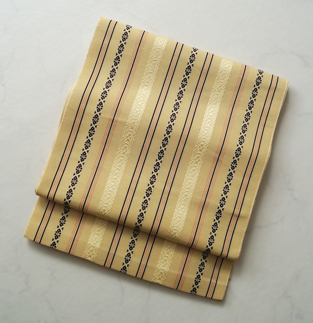 【夏なごや帯】蒸栗色×黒色×朱色　献上柄　両もじり　紗献上博多なごや帯