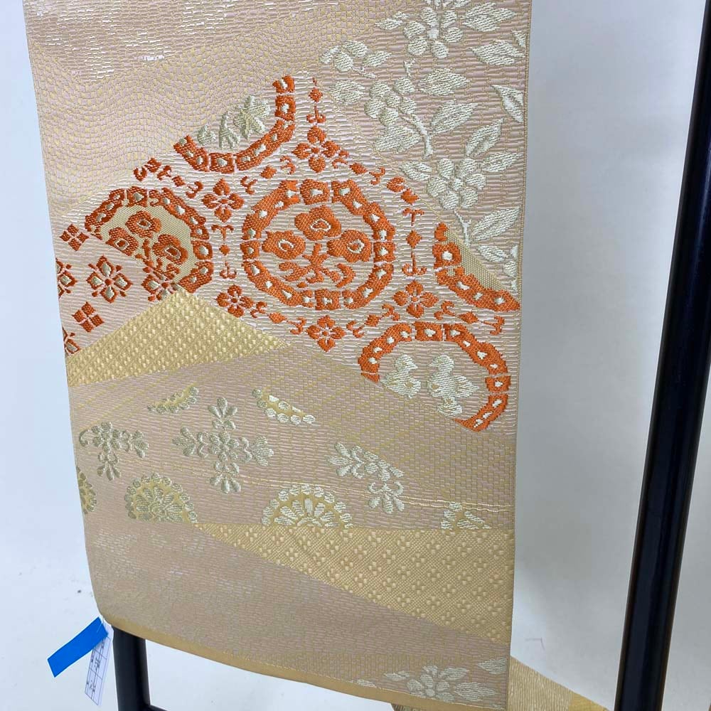 名古屋帯 なごや帯 八寸 クリーム色 金糸 花柄 帯 中古 リサイクル リユース  ポイント柄 普段着 お洒落着 紬 小紋 正絹 ハンドメイド 2159 名古屋帯 なごや帯 八寸 クリーム色 金糸 花柄 帯 中古 リサイクル
