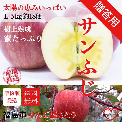 【贈答用】りんご サンふじ 蜜入り L ５kg 箱（約18個入り） 産地直送 送料無料 12月上旬～2月中旬 順次発送 福島 りんご屋さとう