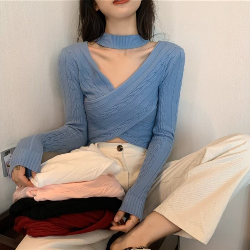 ホルターニット スプリングスリムクロスVネックシャツ 春物 YY-ファッション93468333977