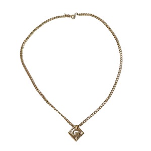 vintage GIVENCHY gold color metal "G" square pendant rhinestone necklace